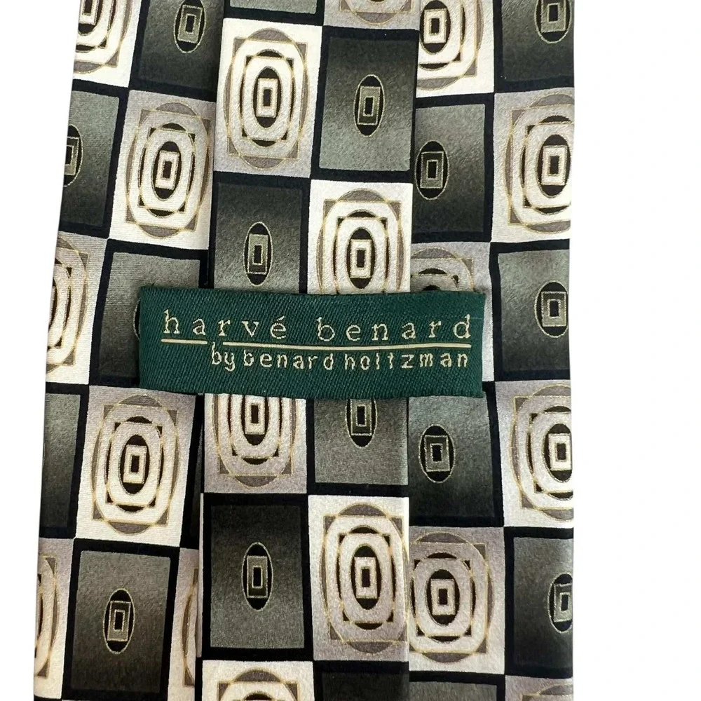 Harve Benard by Bernard Holtzman Mens Silk‎ Geometric Checkered Tie Green Gold
